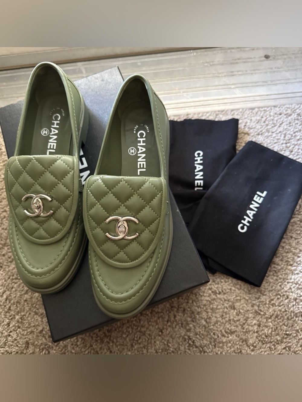 Authentic Chanel Quilted Moccasin Loafers CC Turn Lock in Olive Green EU 38.5